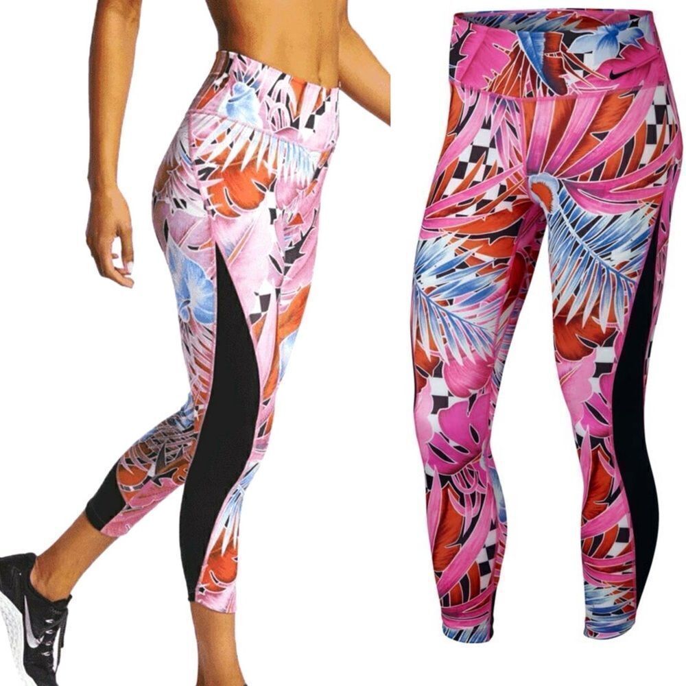 Nike- Women’s Dri Fit One Tropical Printed Cropped Leggings Laser Fuscia, XL